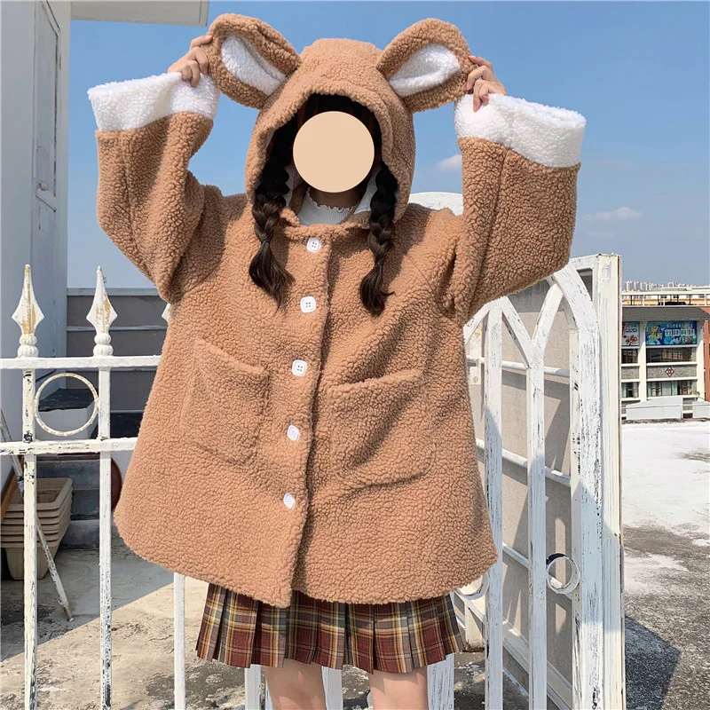 Winter Kawaii Girl Teddy Jacket Cute College Style Single Breasted Loose Thicken Warm Coat Women Fluffy Lamb Faux Fur Overcoat
