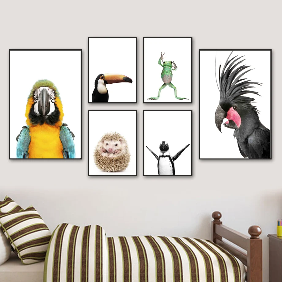 

Cute Parrot Toucan Frog Penguin Hedgehog Animal Wall Art Canvas Painting Nordic Posters And Prints Wall Pictures Kids Room Decor