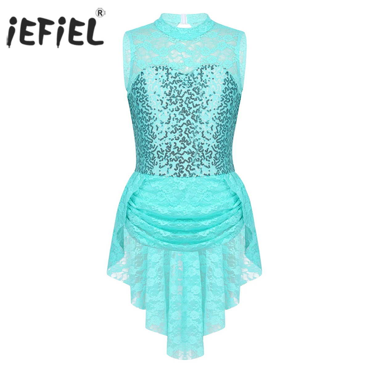 

iEFiEL Kids Girls Lyrical Dance Costumes Lace Diamond Keyhole Skating Ballet Tutu Competition Gymnastics Leotard Dancewear