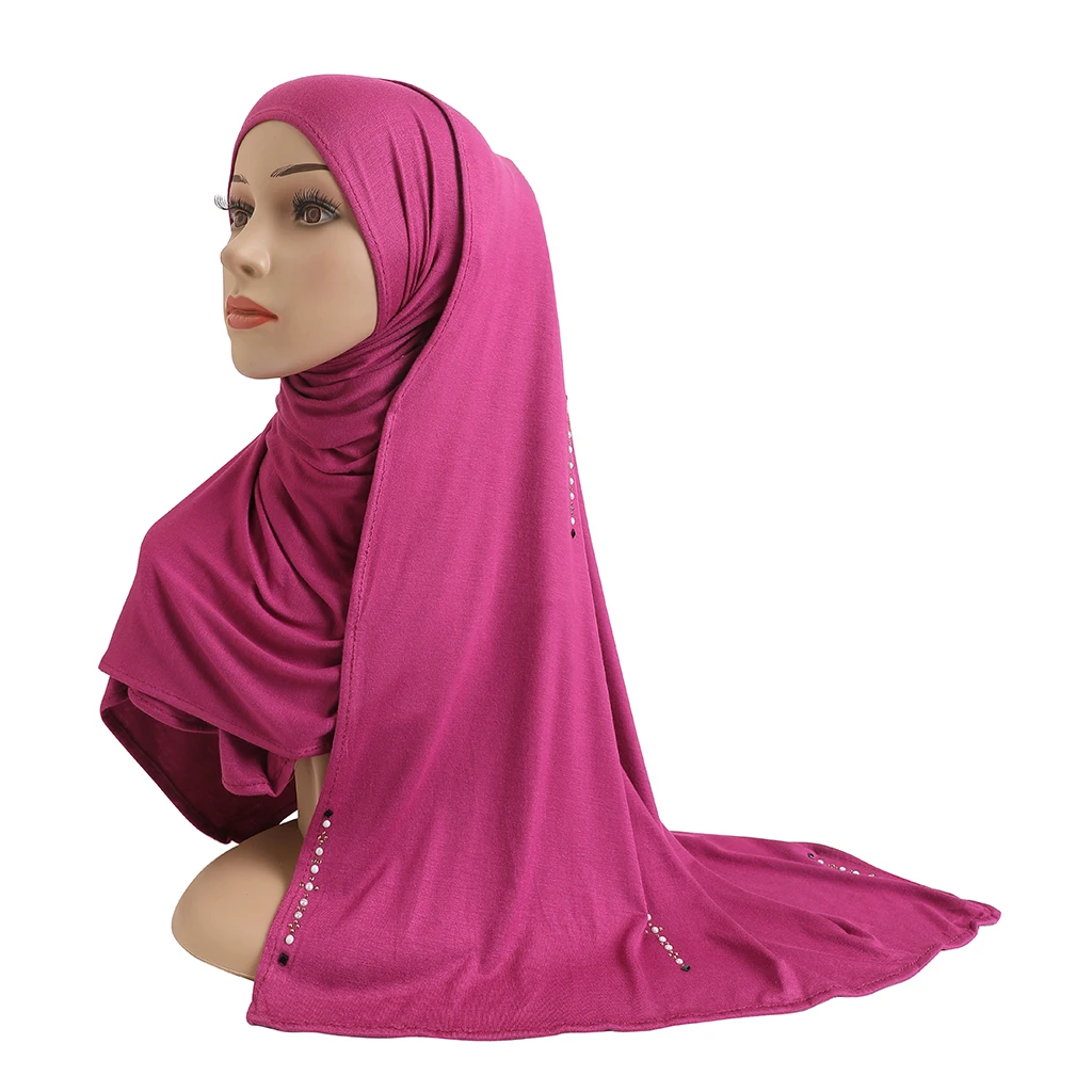 H206 Cotton jersey muslim long scarf with beadings modal headscarf islamic hijab wear arabic rectangular headwrap lady shawl