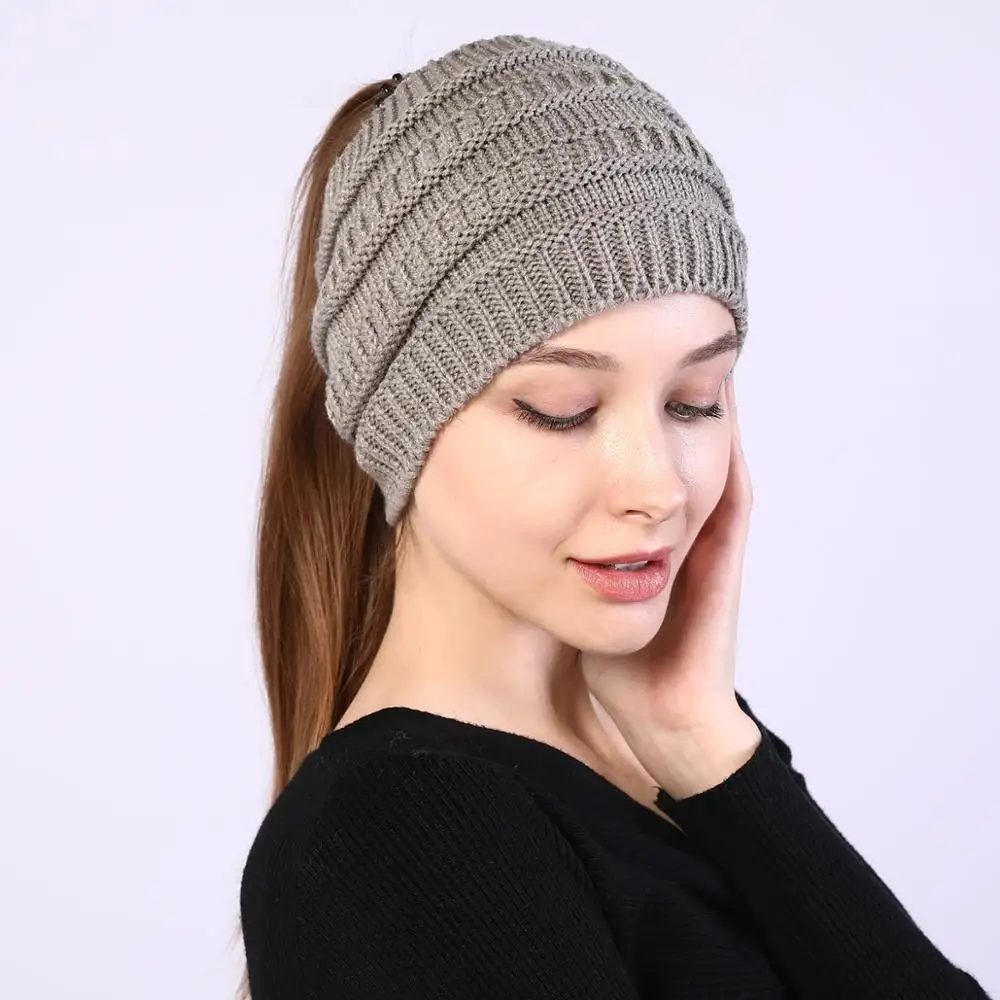 

autumn winter Ponytail Beanie hat Women Stretch Knitted Crochet Beanies cap Winter Hats Cap For Women Warm Lady