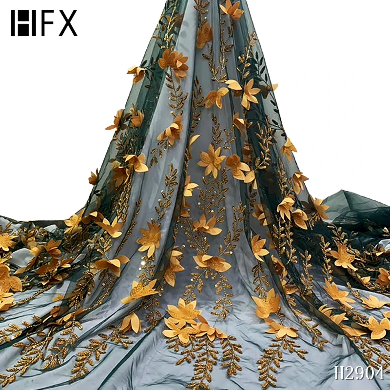 

HFX African lace French 3D Flower Lace For Wedding Luxury African bridal lace fabrics yellow Nigerial Net tulle Lace X2904