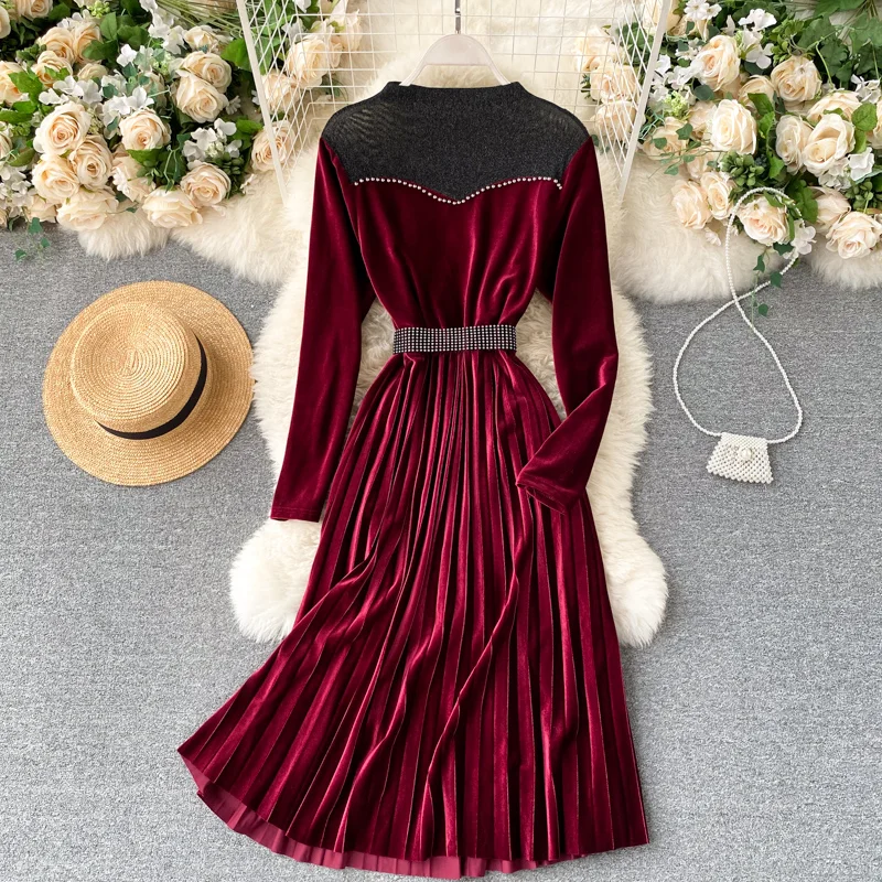 

Sweet Memory Mesh Patchwork Velvet Cocktail Dresses 2021 Spring Autumn Winter Sashes Waist Women Dress Elegant Prom Vestidos