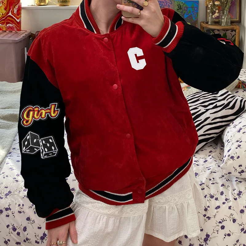 

Женская свободная однобортная куртка с длинным рукавом, осенняя куртка-бомбер контрастных цветов с вышитыми буквами, Y2k