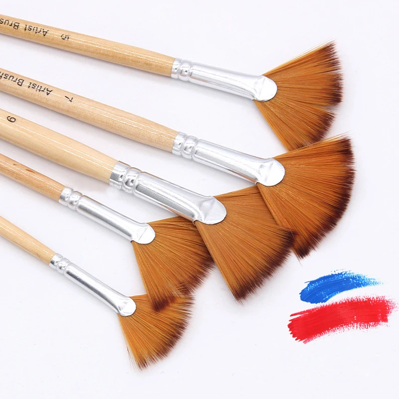 

5 Pieces/Set Nylon Hair Wooden Handle Paint Brush Kids Student Fan Shap Gouache Painting Pen Drawing Art Supplies