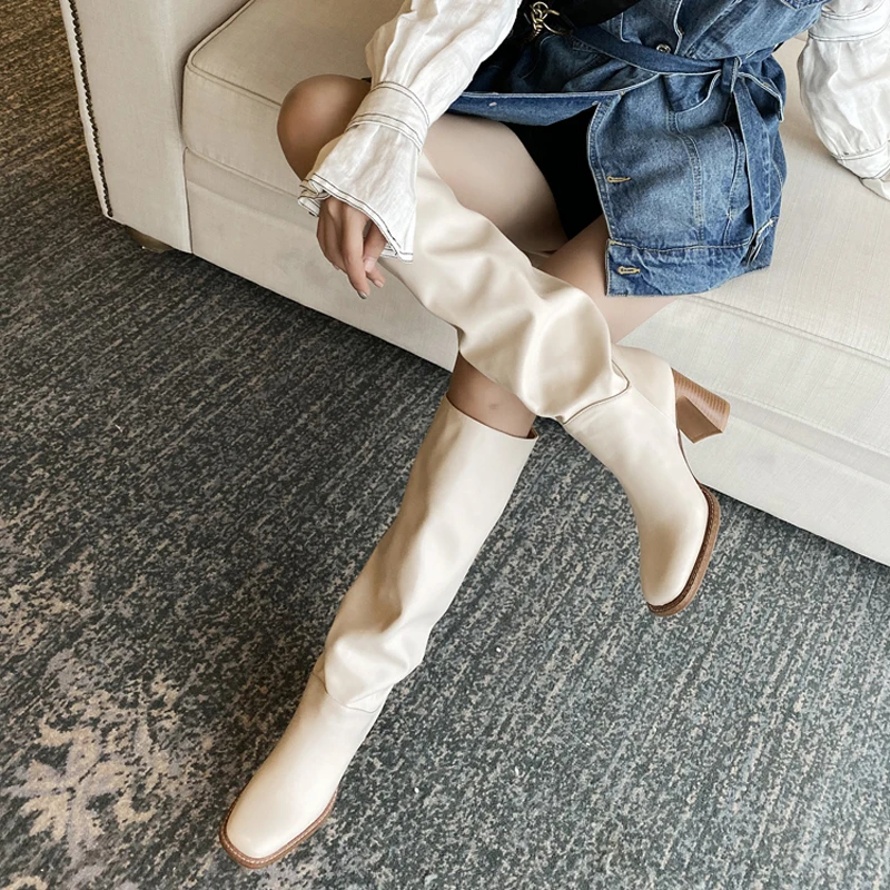Arden Furtado Cow Leather Knee High Boots Women White Fashion Square Head Chunky Heels7.5cm Sexy Ladies Long Pleated Shoes | Обувь