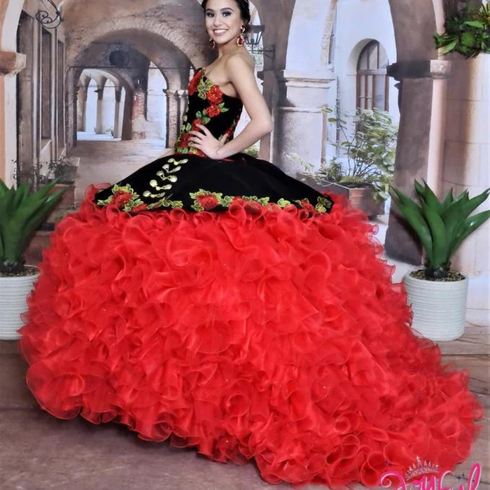 16 Quinceanera платья черного и красного цвета милая многоярусная юбка с цветочной