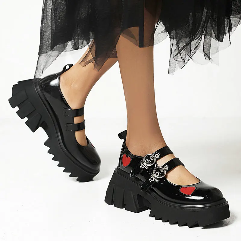 

Туфли женские из лакированной кожи, туфли-лодочки на толстом высоком каблуке, классические, на платформе, с пряжкой, готические, весна-лето