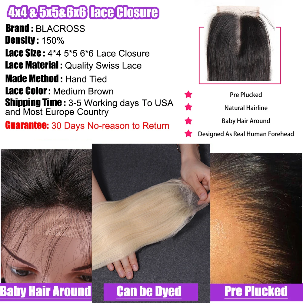 BLACROSS Striaght Closure or HD Frontal Lace 4x4 Human Hair 5X5 6X6 Per Plucked Hairline Brazilian Be Dyed Virgin | Шиньоны и парики