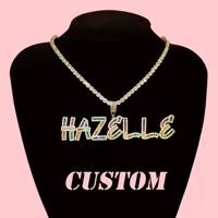 bling icy square cut baguette multi colors zirconia letters custom name pendant iced out colorful initial name necklace