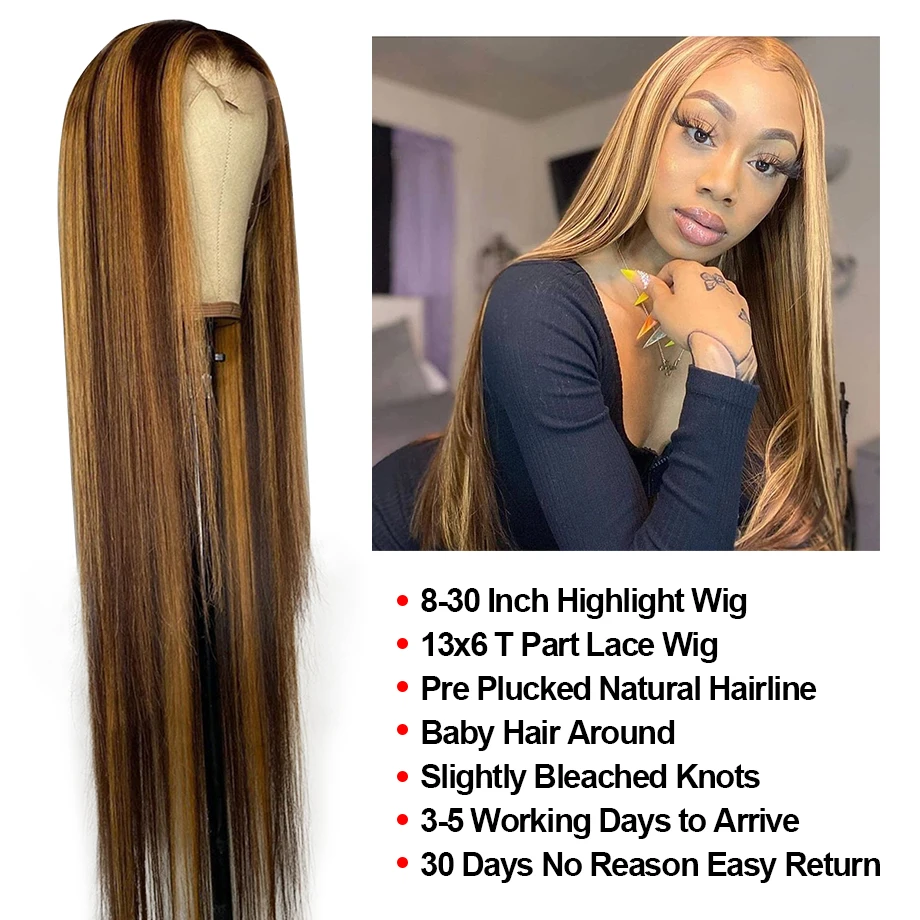 

T Part Lace Highlight Wig Brown Colored Human Hair Wigs 13x1 Straight Transparent Wig 4/27# Brazilian Bone Straight Human Hair
