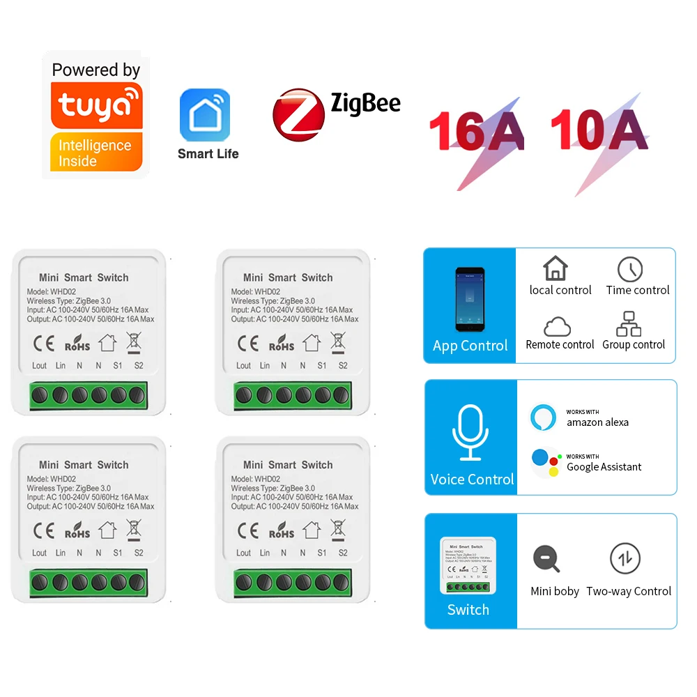 

Tuya/Smart Life Zigbee 3.0 10A 16A Mini Light DIY Smart Switch Supports 2 Way Remote Control Works with Alexa Echo Google Home