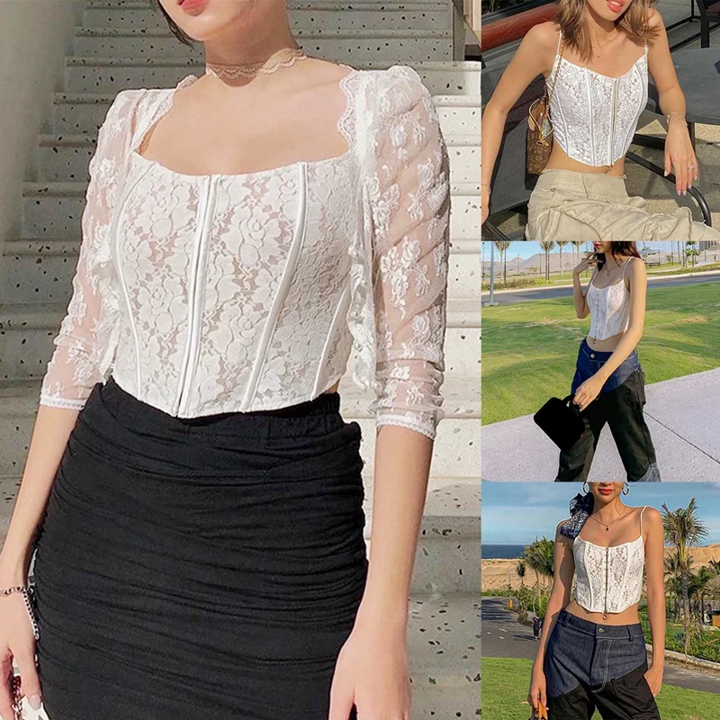 

Vintage Aesthetic Skinny Mesh Patchwork Tank Top Harajuku Sexy Sleeveless Basic Cropped Tops