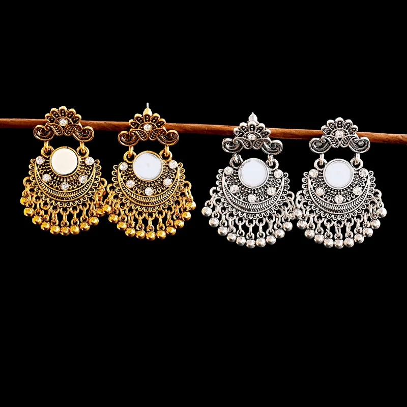 

TopHanqi Vintage Gold Sliver Color Bell Tassel Indian Jhumka Earrings Women Gypsy Jewelry Boho Ethnic Dangle Earing Oorbellen