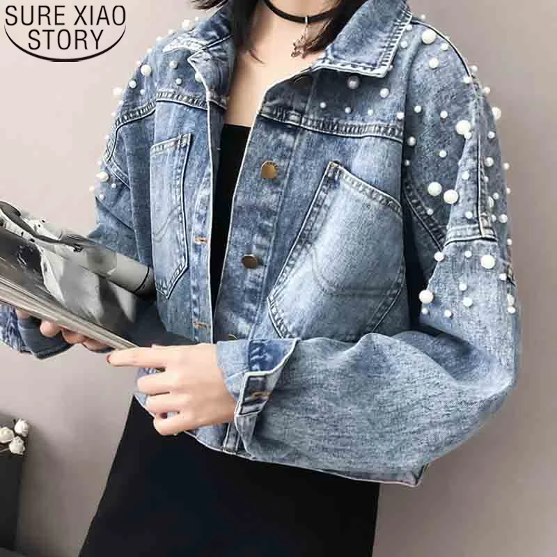 

Autumn Chic Pearl Beading Casual Jacket Vintage Blue Denim Jackets Jeans Coat Women 2022 New Long Sleeve Denim Coat Korean 16756