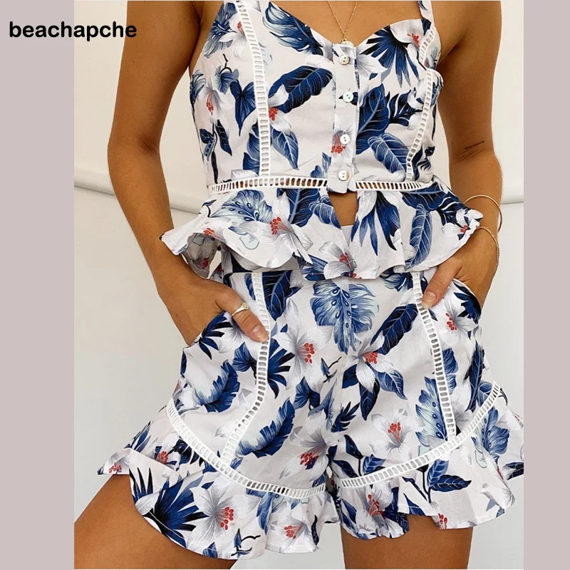 

Beachapche Casual Print Two Piece Set For Women V Neck Sleeveless Camis High Waist Loose Shorts Vintage Sets Female New Summer
