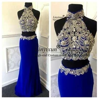 royal blue two pieces prom dresses new mermaid long evening dress halter off shoulder beaded sexy floor length prom dress 2020