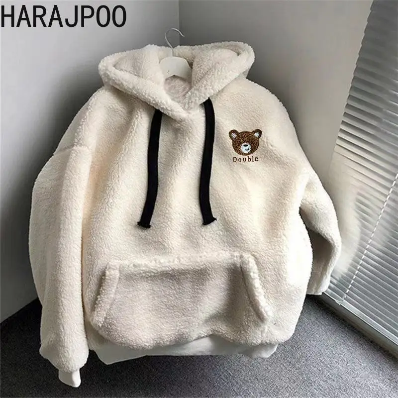 

Harajpoo Hoodie Women Lamb Plush Sweater Plus Velvet Thickening Korean Loose Winter Casual Bear Embroidery New Ins Sweatshirts