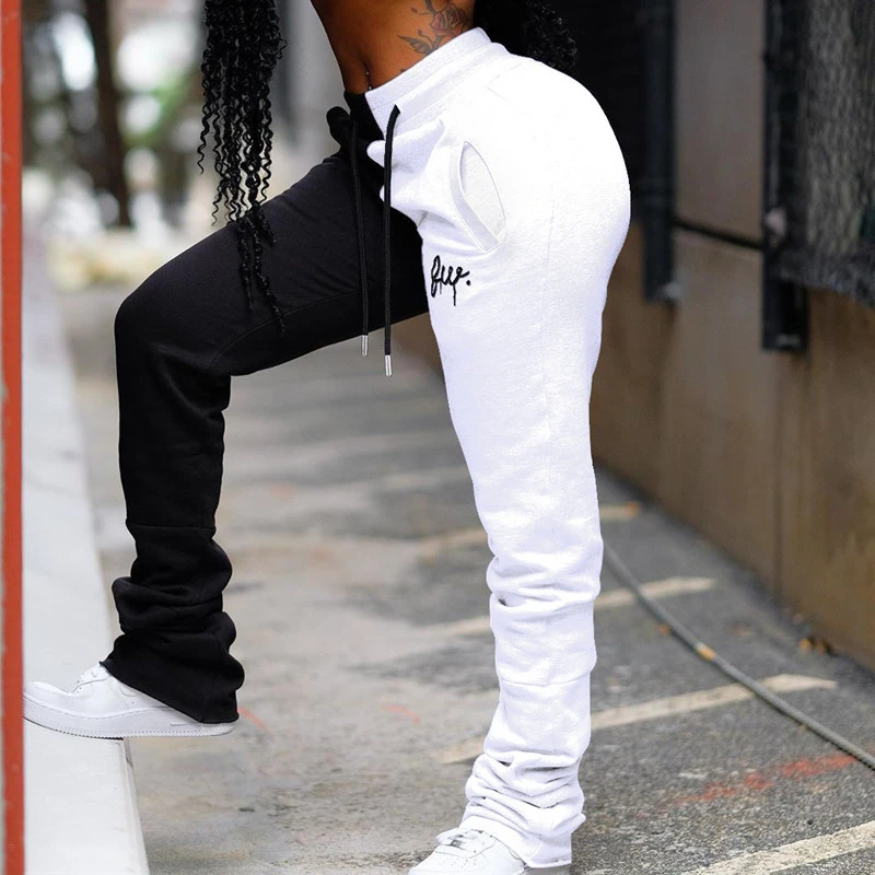 

Patchwork Baggy Workout Trousers Women Casual Lady Joggers Stacking Trousers Fashion High Waist Drawstring Loose Pants Female