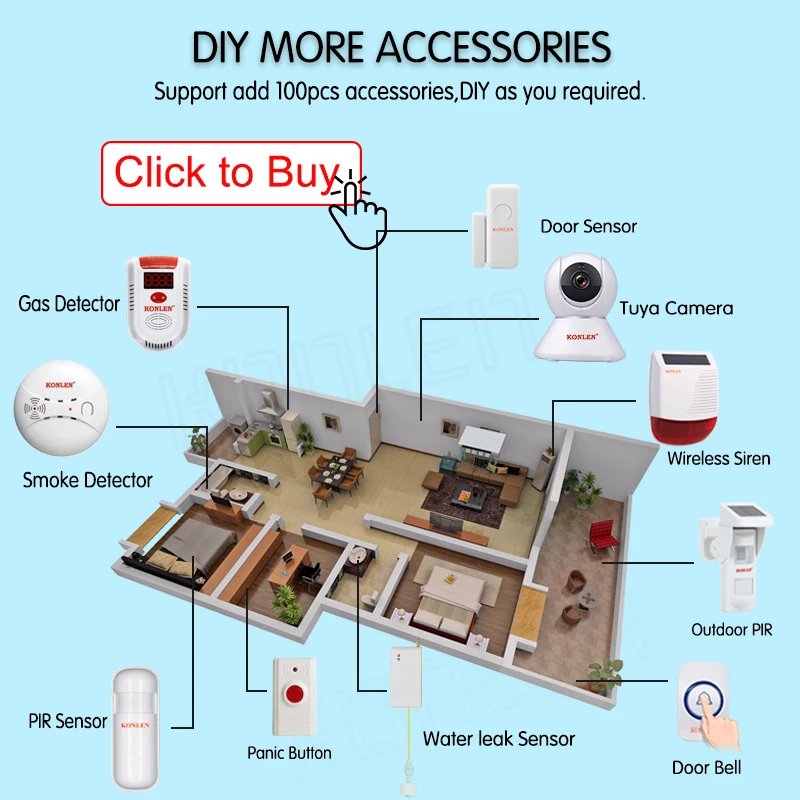 KONLEN Tuya Smart WIFI GSM Alarm System For Home Security Wireless Siren With IP Camera Google Alxea APP SMS Remote Control |