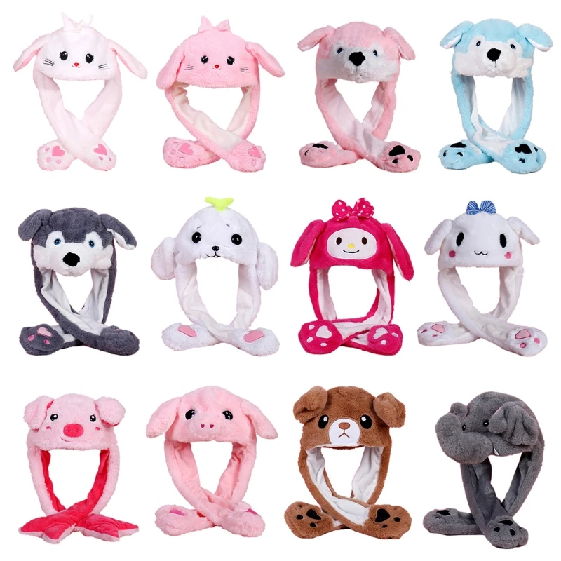 

Animal Plush Hat Cartoon Kawaii Toy Pop-Up Ears Moving Jumping Earflap Cap for Women Girls Cosplay Costume Party Photo Props
