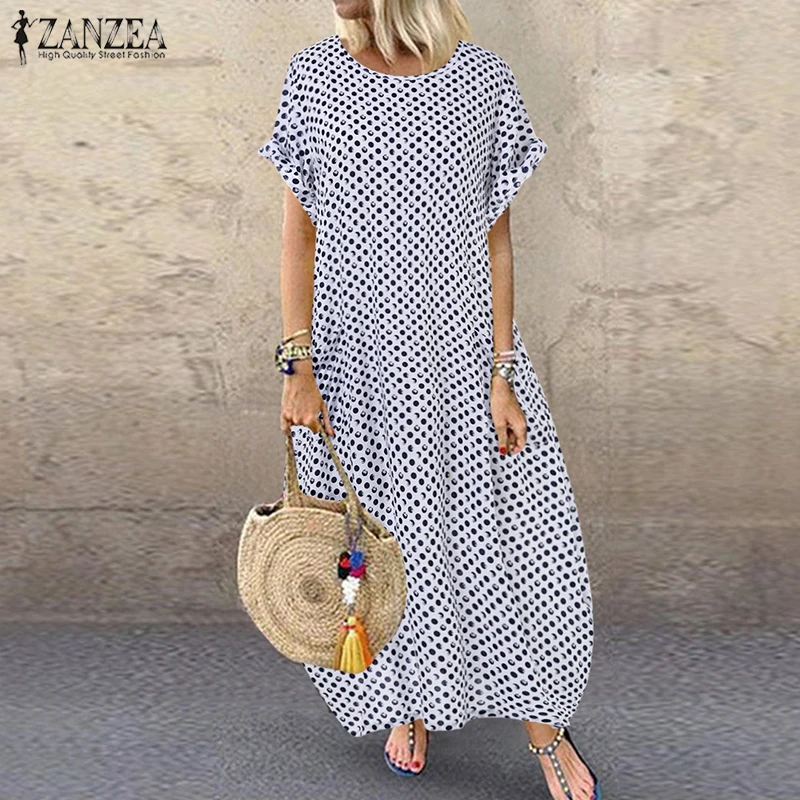 

Bohemian Beach Maxi Dress Womens Printed Summer Sundress ZANZEA 2023 Casual Polka Dot Baggy Sarafans Vestidos Robe