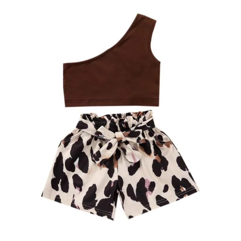 

Toddler Girls 2PCS Summer Outfits Sleeveless One Shoulder Crop Tops and Leopard Belted Shorts Set Summer Girls Set 2 - 6 Years