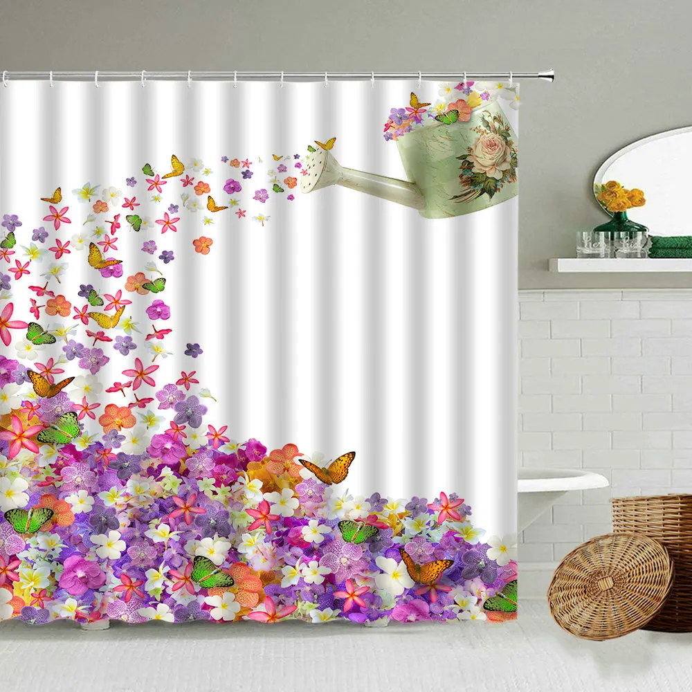 

Cartoon Colorful Flower Butterfly Shower Curtain White Background Creative Design Bathroom Decoration Blackout Waterproof Screen