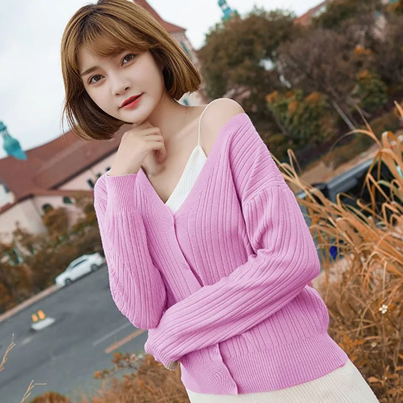 

Women's Short Knit Jacket With Long-sleeved V-neck Solid Color Autumn And Winter New Style Single-breasted Coat