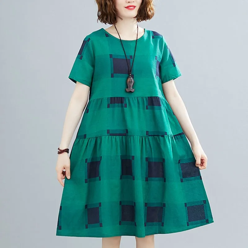 Женское Повседневное платье в клетку свободное хлопково-льняное Платье До