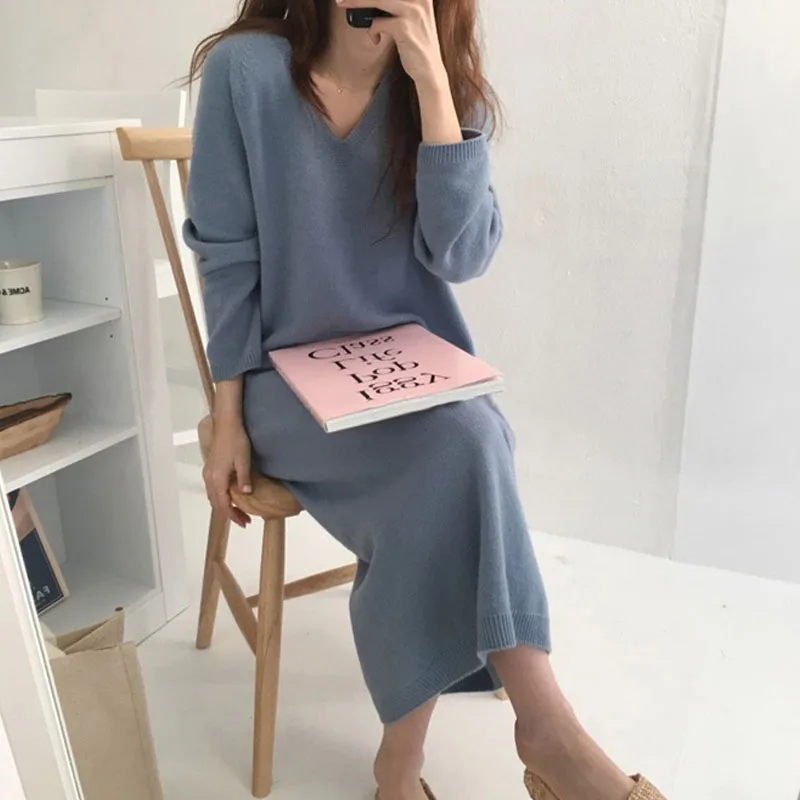 Сезон осень-зима Однотонный вязаный хлопковый свитер платья для женщин в стиле