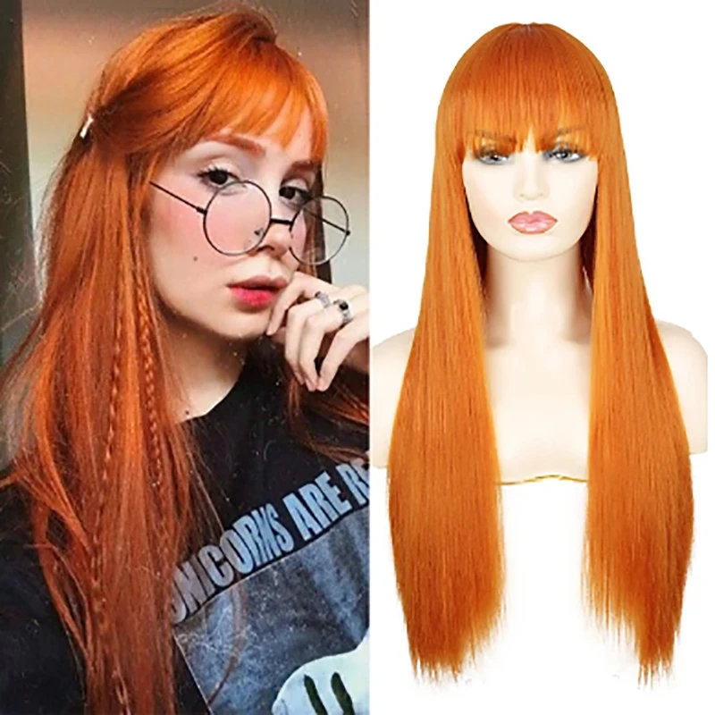 HAIRJOY Long Straight Synthetic Hair  Orange Color Women Cosplay Wigs Neat Bang