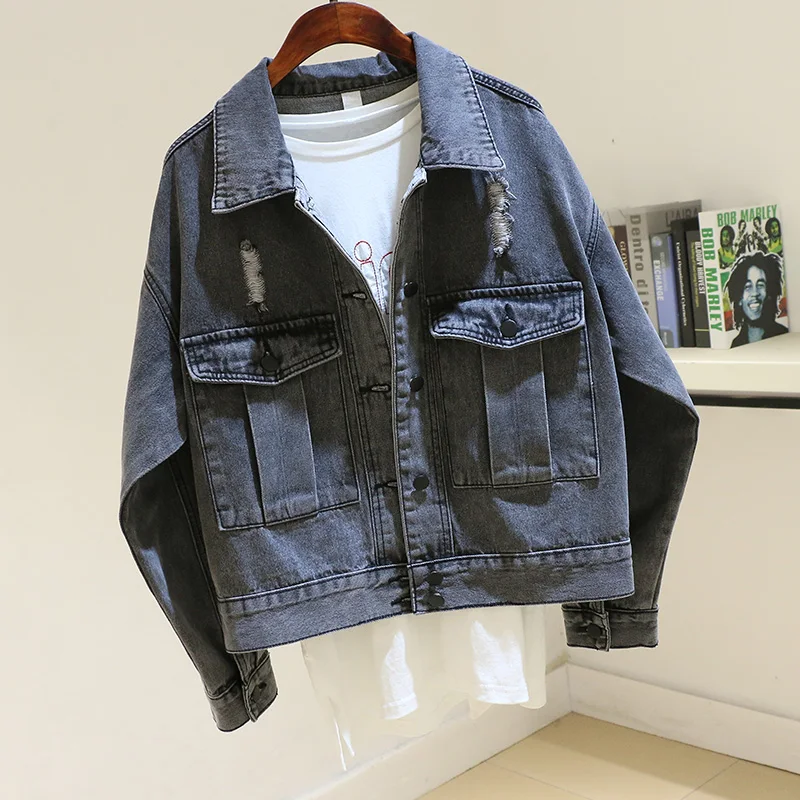 

Korean Fashion Dark Gray Big pocket Holes Denim Jacket Coat Women Chaqueta Mujer Harajuku Spring Loose Short Jeans Jacket Female