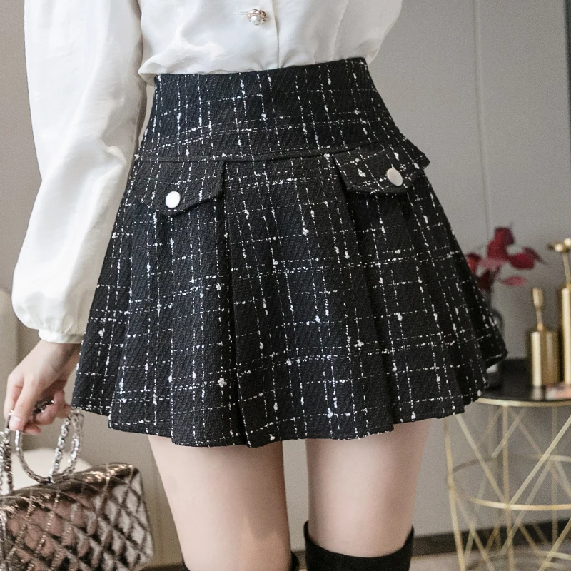 

BETHQUENOY Women Black Pleated A-line Skirts 2021 Autumn Mujer Mini Jupe Femme Faldas Woman Plaid Skirt Saias Mulher Plisada