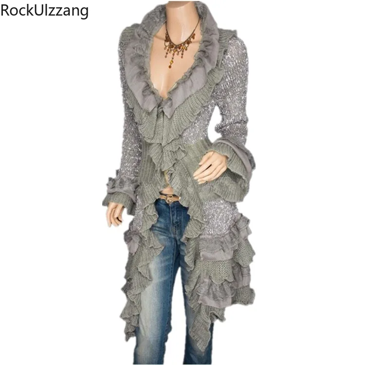 Кружевной Каскадный облегающий свитер с рюшами роговыми пуговицами и v-образным