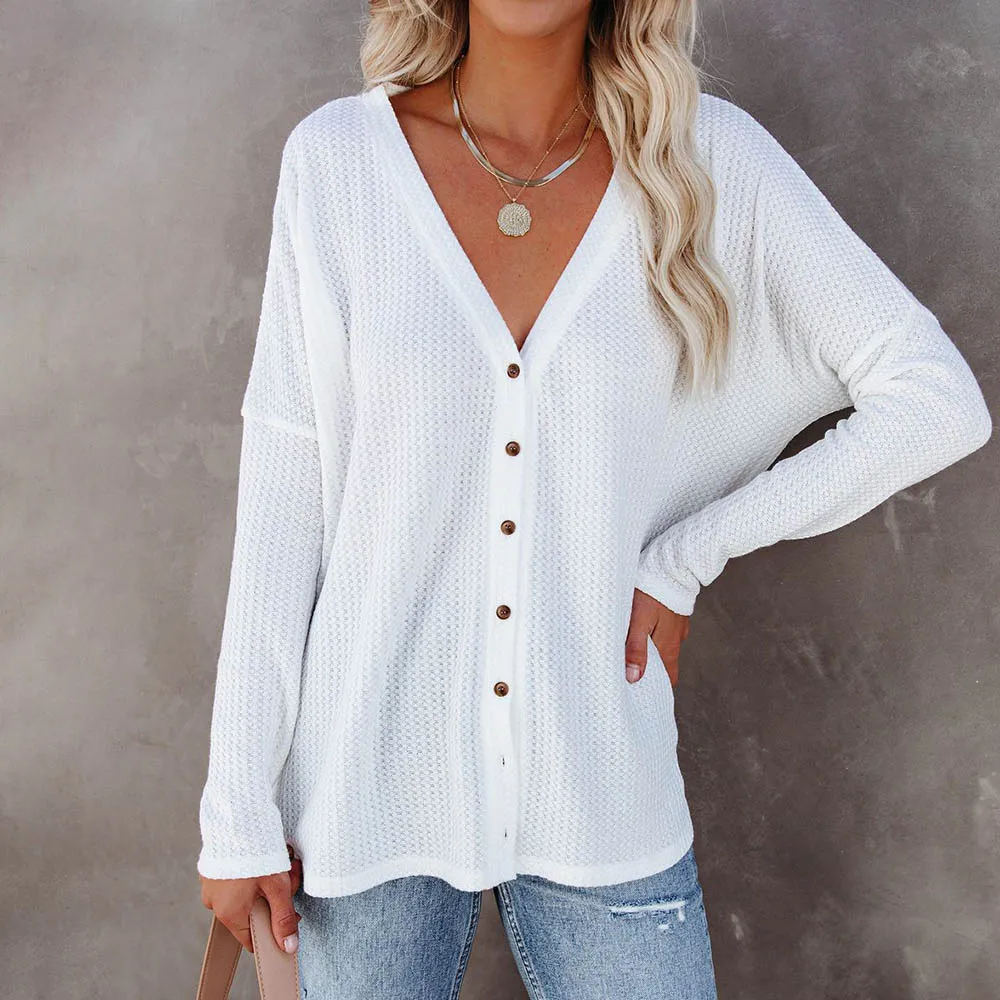 

Autumn Spring Women's Solid Shirts V-Neck Dropped Shoulder Button Single Breasted Long Sleeve Casual Blouse Tops Femme Clothes