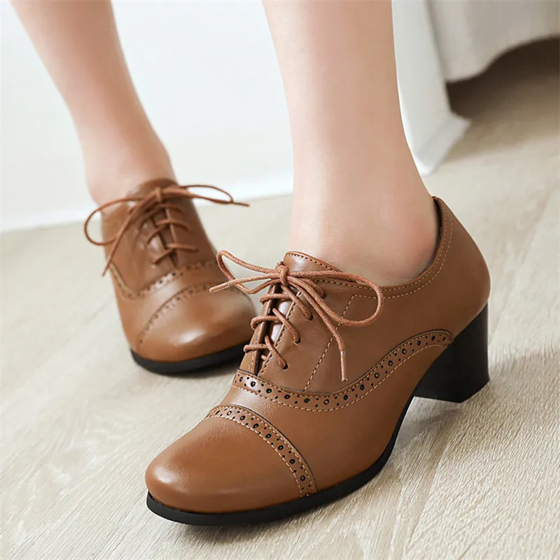 

Vintage Women Shallow Brogue Shoes Pumps Oxford Shoes Chunky Heel High Heels Lace Up Female Fashion Elegant Lady Ankle Boots