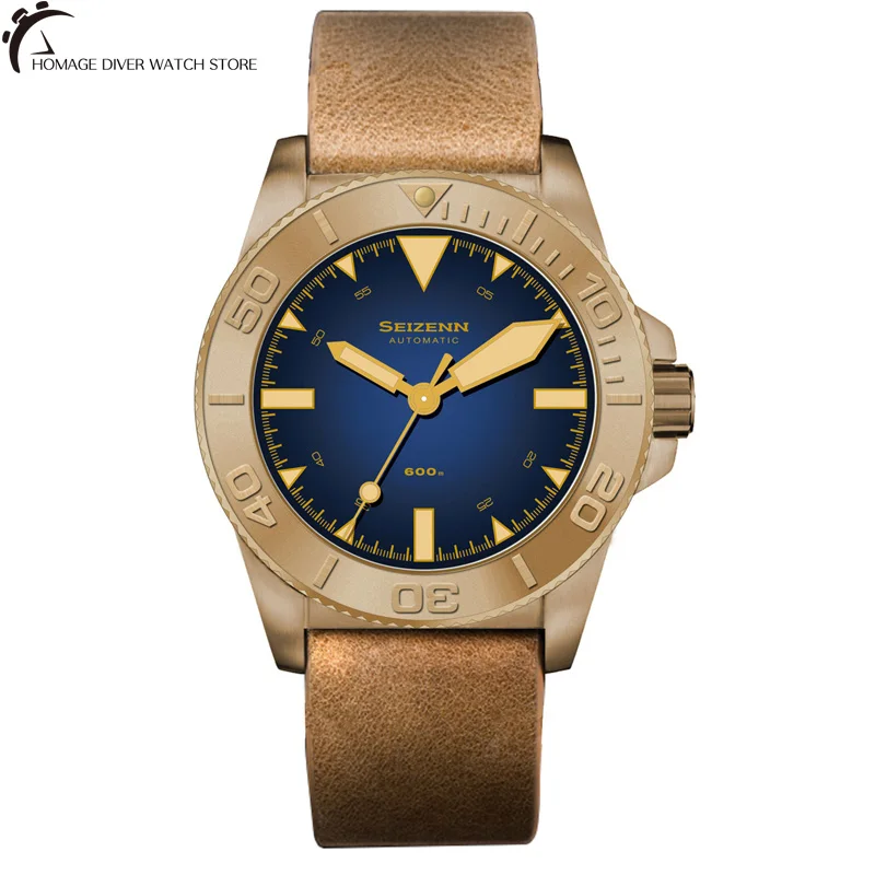 

Merkur Men's CuSn8 Bronze Diver Watch Gradient Blue Dial Sapphire 600M Water Resistance Automatic Movement Leather Band Luminous