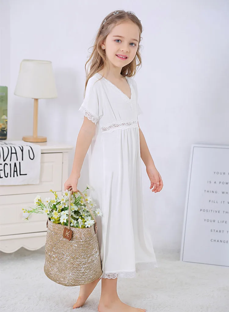 Летняя кружевная ночная рубашка для девочек белая хлопковая мягкая длинная