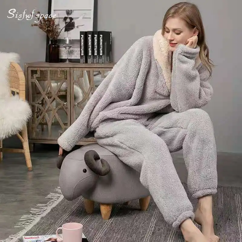 

Winter Flannel Pajamas Set Women's Sleepwear Plus Size Thick Warm Homewear Suit Long Sleeve Soft Night Wear Pyjamas Set