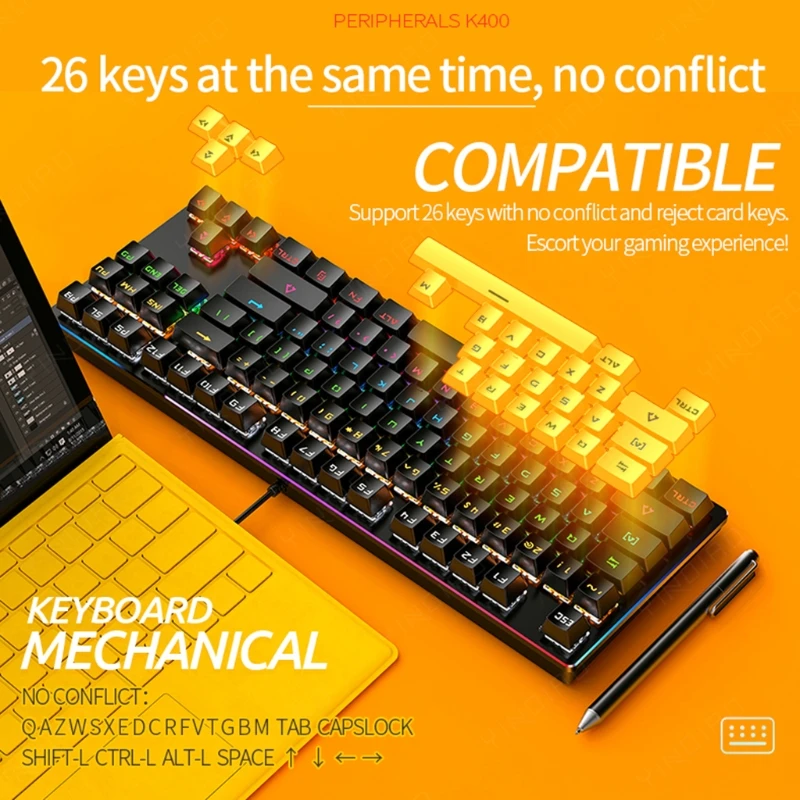 

Mechanical Gaming Keyboard Universal K400 87-key Blue Switch Keyboard USB Wired RGB Backlit for PC/Laptop Waterproof