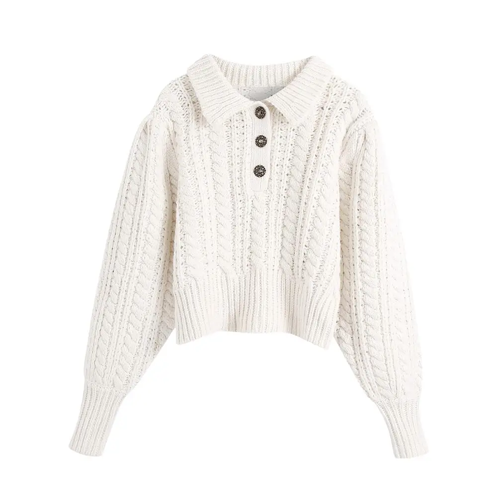 

Women's Sweater England Style Cotton Knitted Sweaters Autumn Turn-Down Collar Button Pullover Wool Thick Elegant Tops Mujer
