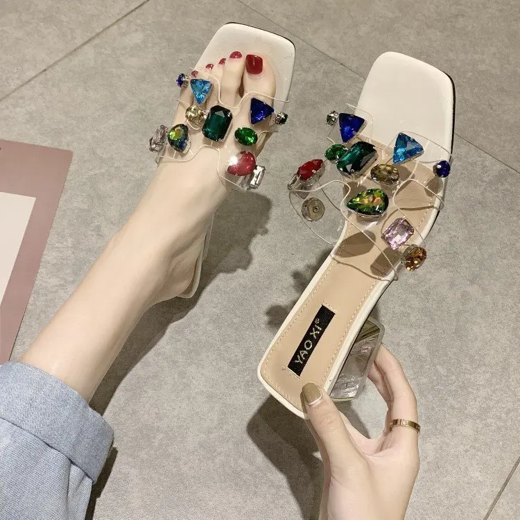 

2021 summer new high heel sandals women's elegant thick heel square heel button open toe simple middle heel Roman slippers
