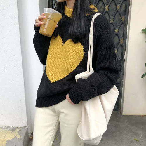 Повседневные свободные свитера с сердечками в духе колледжа модные женские