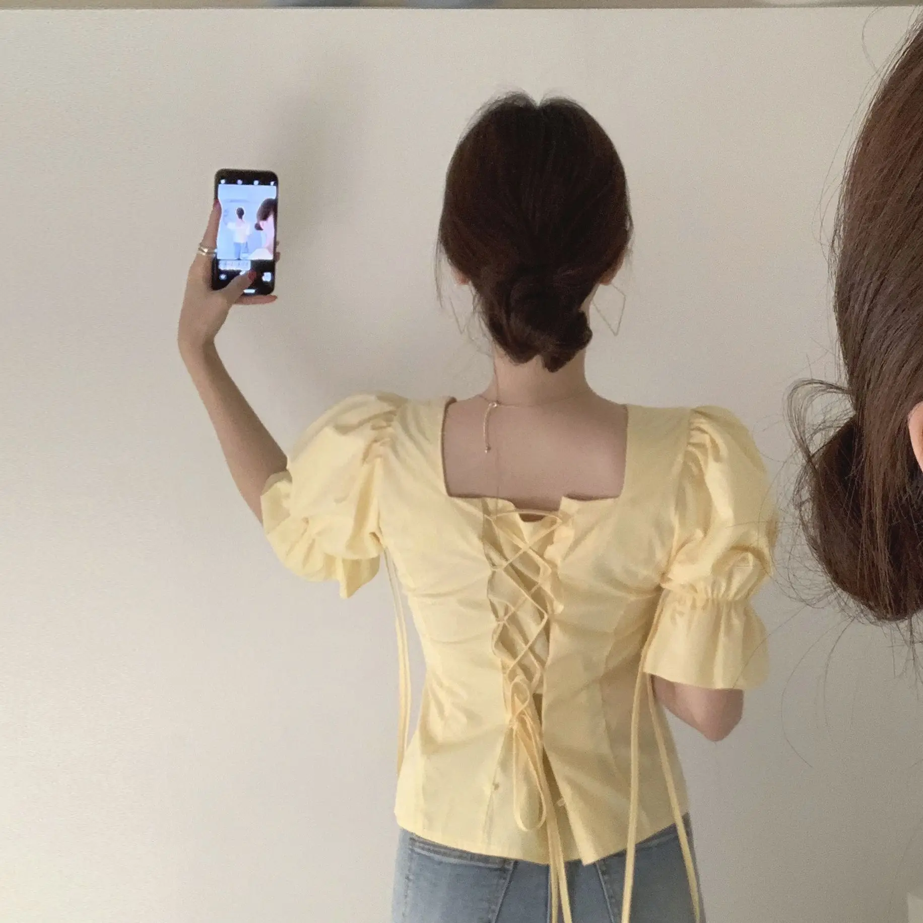 

COIGARSAM Shirt Womens tops Puff Sleeve Belt Women shirts Yellow Black Blue White 6980