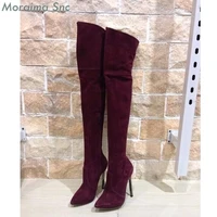 women long boots side zipper pointed toe wine red thigh high over the knee thin high heel new fashion autumn winter woman shoes