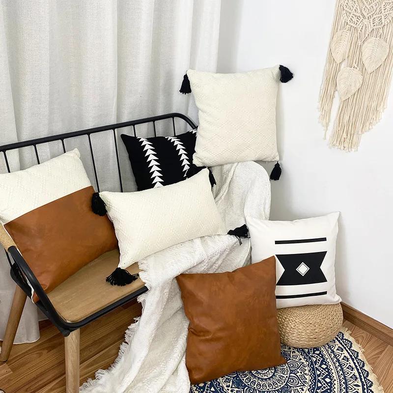 Brown Faux Leather Cotton Cushion Cover 45X45cm/30X50cm For Couch Bed Home Decoration Lumbar Pillow Case Cover Modern Design