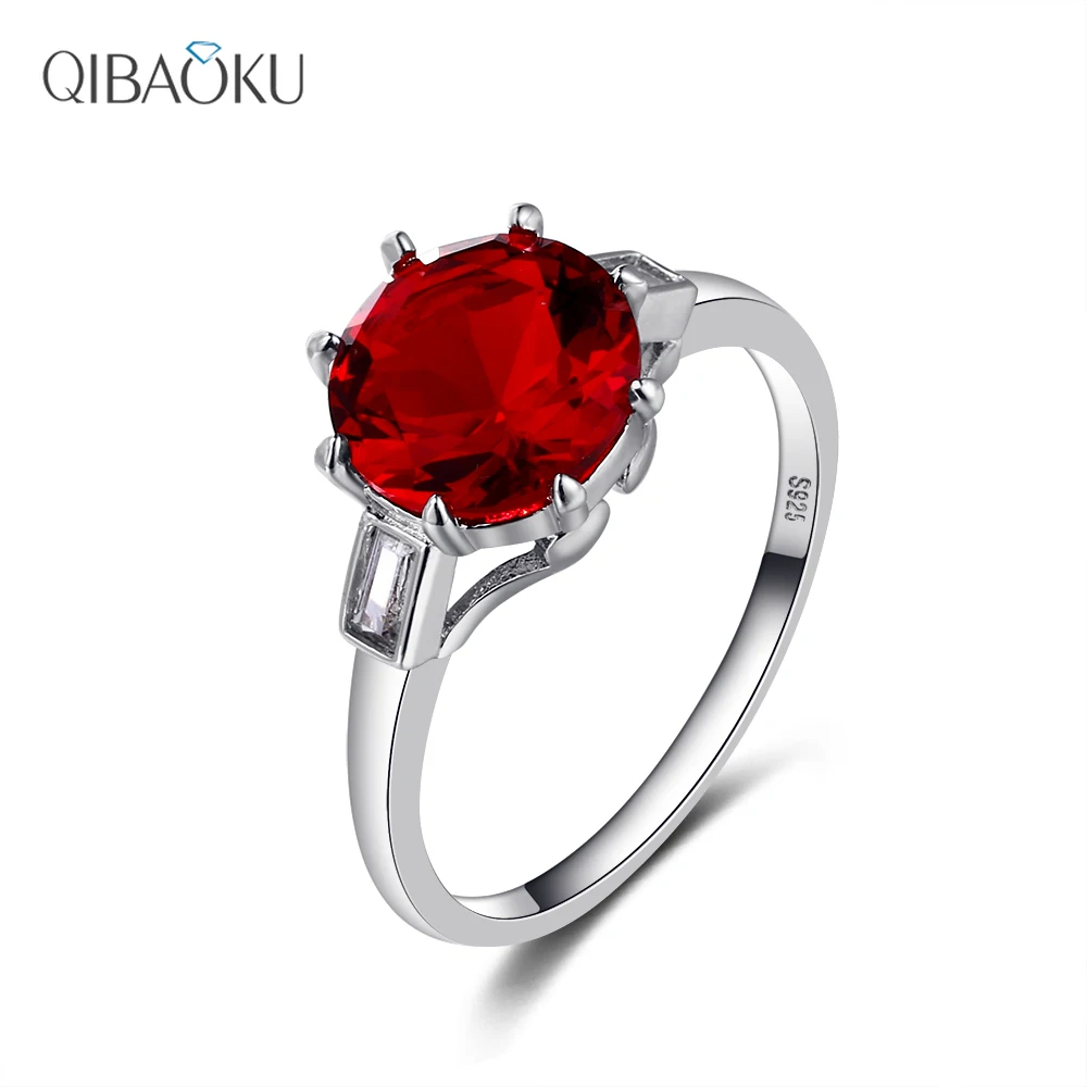 

QIBAOKU S925 Sterling Silver Ring Noble Fashion Big Round 10MM Red Spinel Wedding Ring Bridal Jewelry Engagement Party Gift