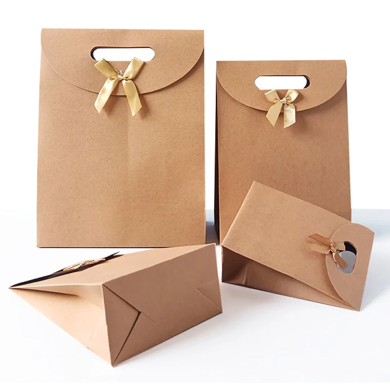 

1Pc Portable Bow-knot Kraft Paper Bag Home Party Packaging Square Bottom Candy Bread Baking Birthdays Christmas Decor