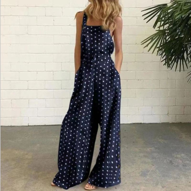 

Dots Print Buttoned Women Jumpsuit Summer Off Shoulder Sleeveless Strappy Bodysuit Romper Ladies Spring Wide Leg Loose Overalls
